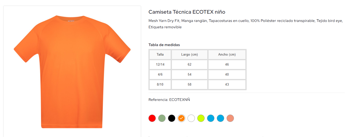 ECOTEX NIÑO: foto, colors i taula de talles