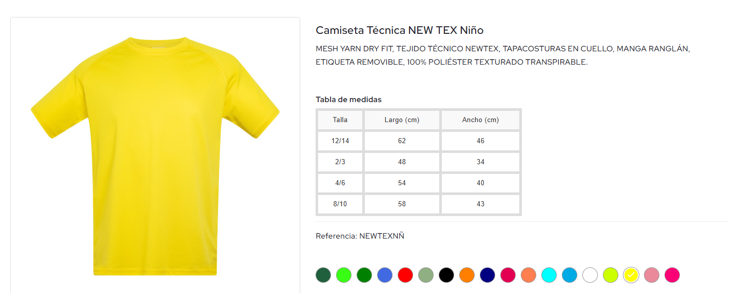 NEW TEX NIÑO: foto, colors i taula de talles