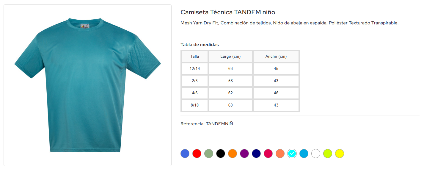 TANDEM NIÑO: foto, colors i taula de talles