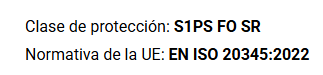 Classe de protecció S1PS FO SR. Norma EN ISO 20345:2022