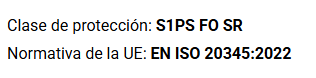 Classe de protecció S1PS FO SR. Norma EN ISO 20345:2022